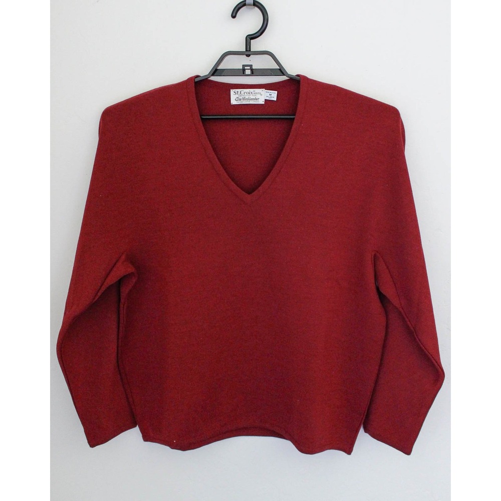 St. Croix Knits V-Neck Sweater Mens Medium Red Wool USA Vintage Highlander